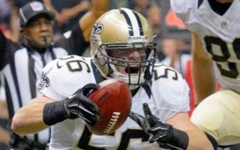 Michael Mauti, New Orleans Saints Captain, celebrating in the end zone with the ball