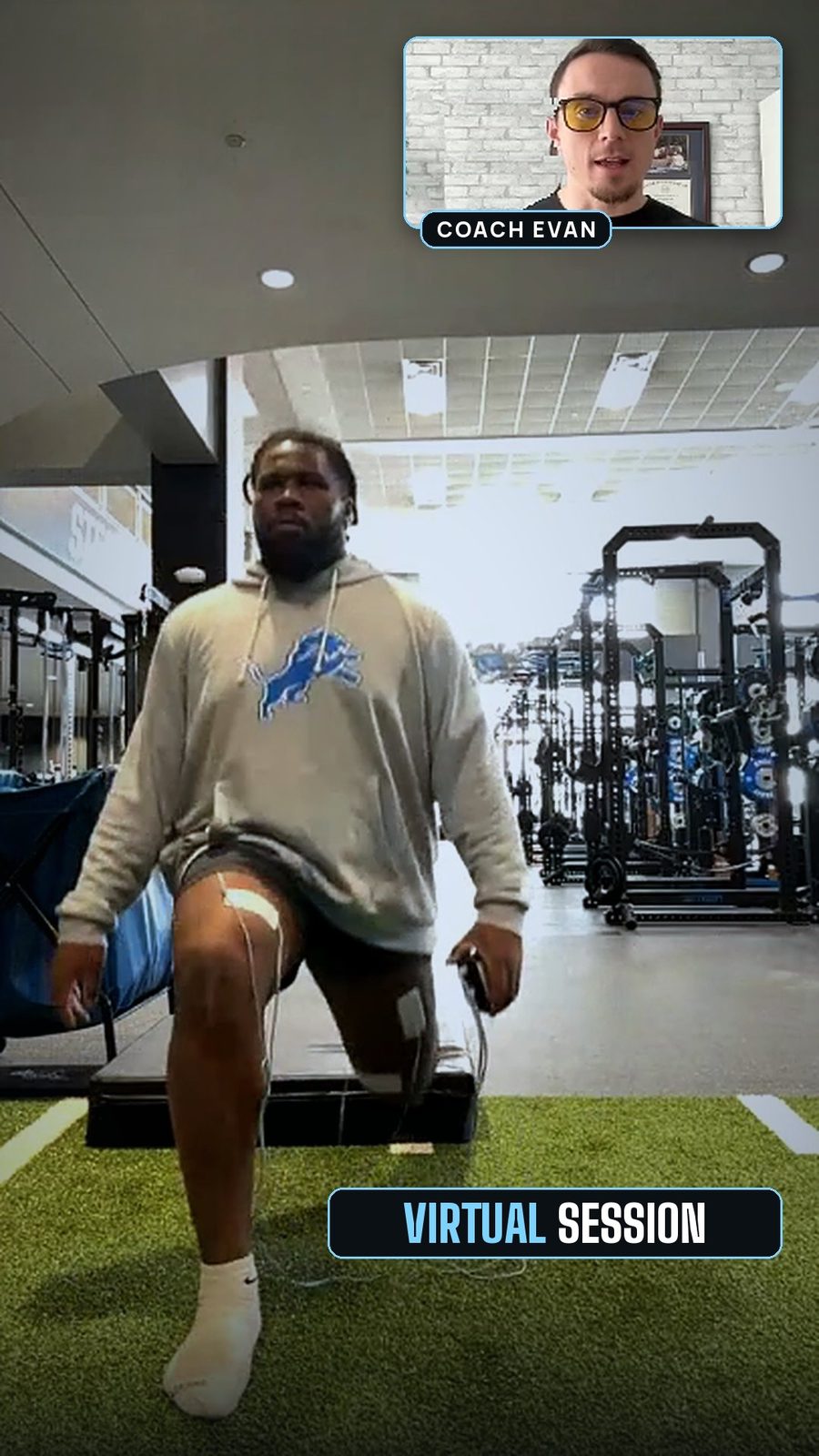 Coach Evan on a one-on-one virtual session with an athlete wearing NS1 pads